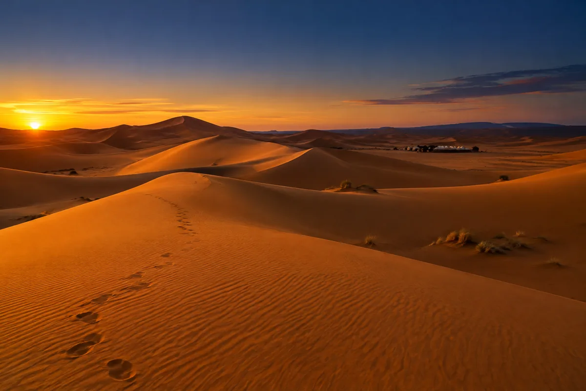 Golden Erg Chebbi sand dunes near Merzouga at sunset